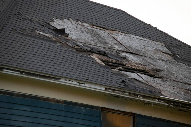 istock Damaged and old roofing shingles and gutter system on a house 1162064347
