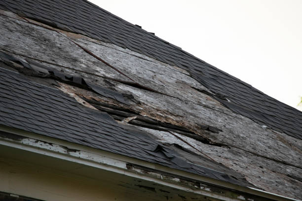 istock Damaged and old roofing shingles and gutter system on a house 1162064393