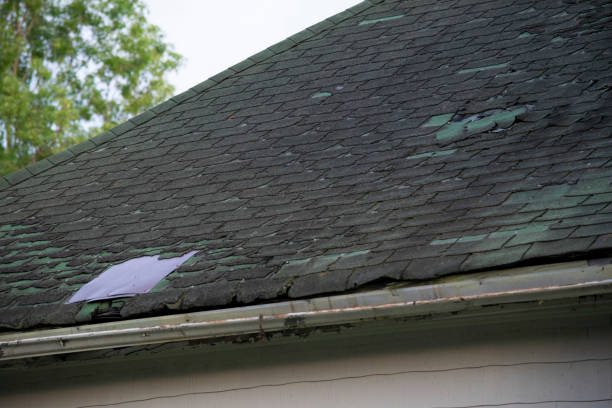 istock Damaged and old roofing shingles and gutter system on a house 1162064424