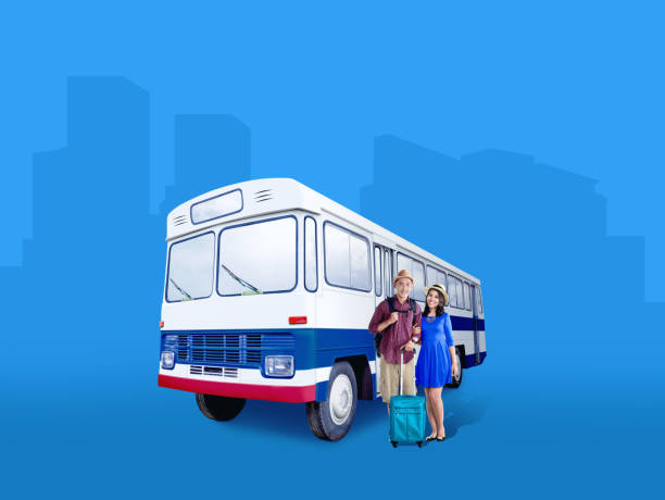 istock Asian couple in hat with suitcase bag and backpack standing beside the bus 1162065150