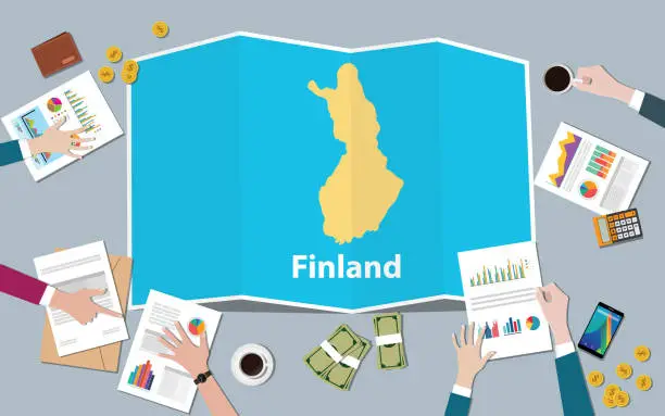 Vector illustration of finland economy country growth nation team discuss with fold maps view from top