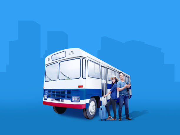 Asian couple with suitcase bag and backpack standing beside the bus