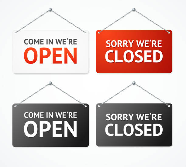 Realistic 3d Detailed Open and Closed Signs Set. Vector Realistic 3d Detailed Open and Closed Signs Set for Door. Vector illustration of Informative Signboard for Business hanging signboard stock illustrations