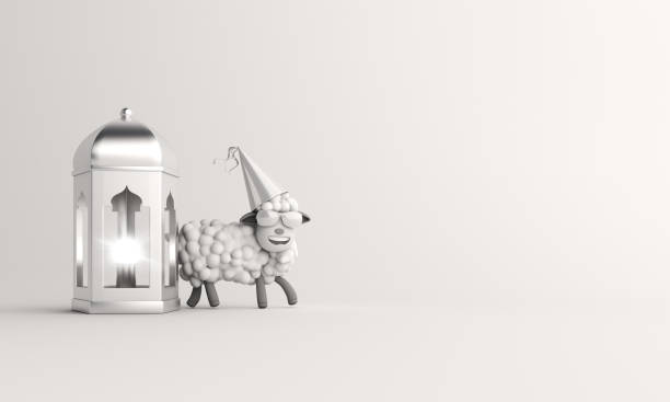 istock Sheep with glasses and  arabic lamp lantern on studio lighting white background. Design creative concept of islamic celebration eid al adha, ramadan or happy birthday. 1162066546