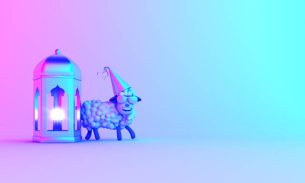 istock Arabic lantern and cartoon sheep use glasses on blue pink violet gradient background. Design creative concept of islamic celebration day ramadan kareem or eid al fitr adha. 1162066655