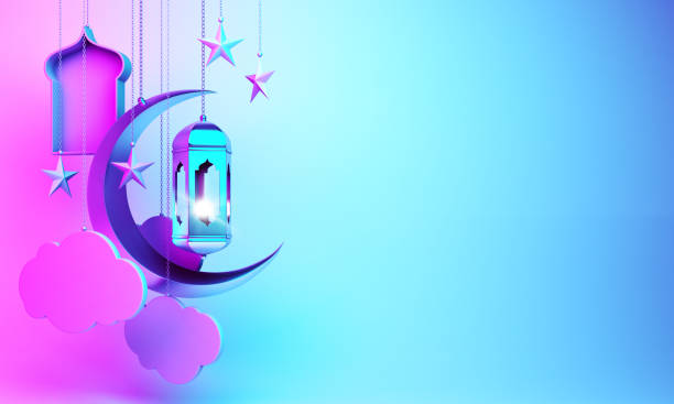 istock Crescent moon, star, hanging arabic lamp, window, cloud on studio lighting blue pink gradient background. 1162066656