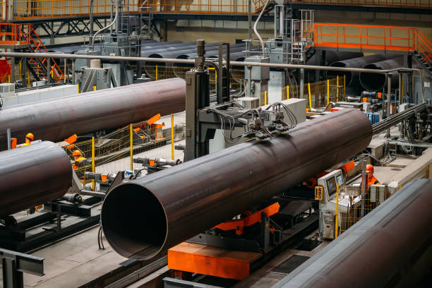 istock Steel pipe internal seam welding by longitudinal tack welding machine 1162068173