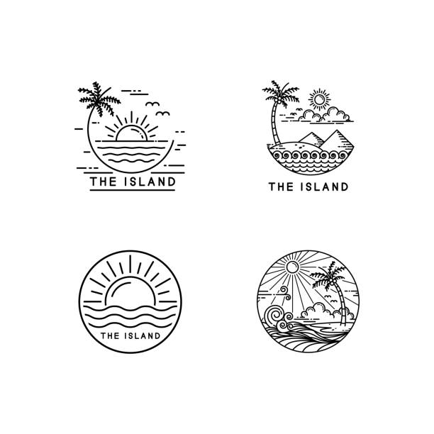illustrazioni stock, clip art, cartoni animati e icone di tendenza di logo dell'isola tropicale - logo illustrazioni