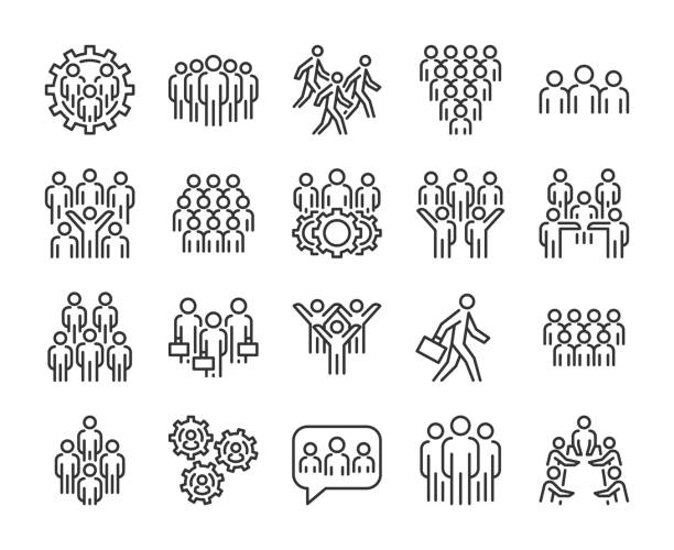 ilustrações de stock, clip art, desenhos animados e ícones de group of people icon. business people line icons set. editable stroke. - movement