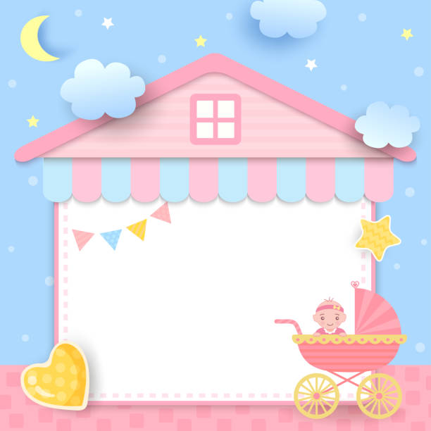 illustrazioni stock, clip art, cartoni animati e icone di tendenza di baby-house - baby shower invitation its a girl greeting card