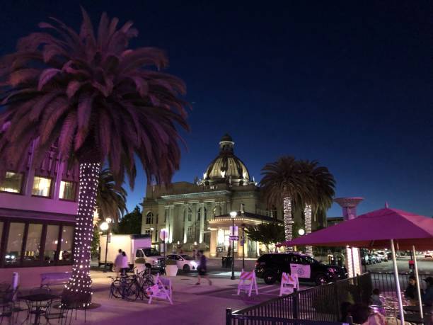 San Mateo County History Museum Night view of the San Mateo County History Museum across the street redwood city stock pictures, royalty-free photos & images