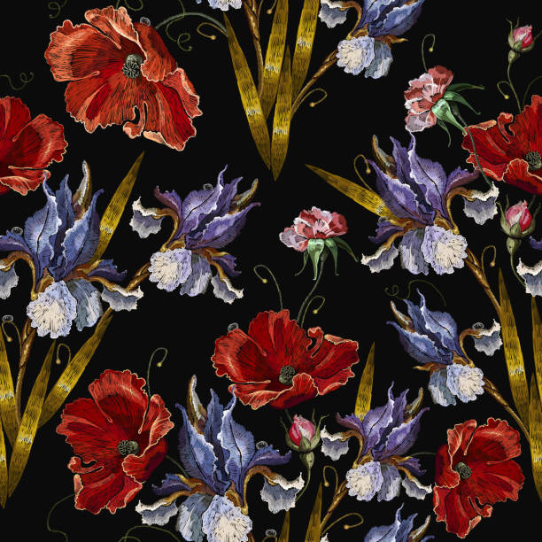 Beautiful spring blue irises and red poppies flowers, embroidery seamless pattern. Renaissance art. Fashion art nouveau template for clothes, t-shirt design Beautiful spring blue irises and red poppies flowers, embroidery seamless pattern. Renaissance art. Fashion art nouveau template for clothes, t-shirt design spring fashion stock illustrations