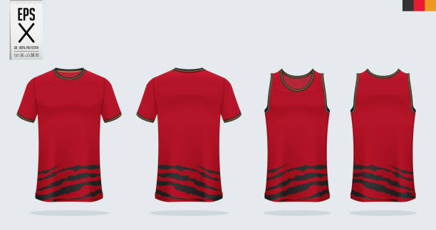 t-shirt sport mockup vorlage design für fußball-trikot, fußball-kit, tank-top für basketball-trikot und laufen singlet. sportuniform in vorder- und rückansicht. vektor. - soccer ball running sports uniform red stock-grafiken, -clipart, -cartoons und -symbole