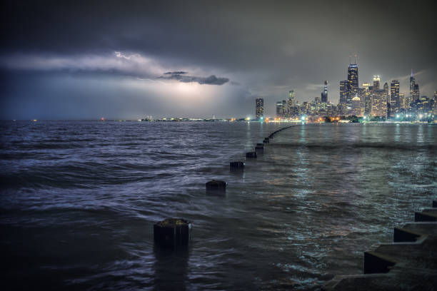 Chicago cityscape across Lake Michigan and Lake Shore Drive in Illinois USA