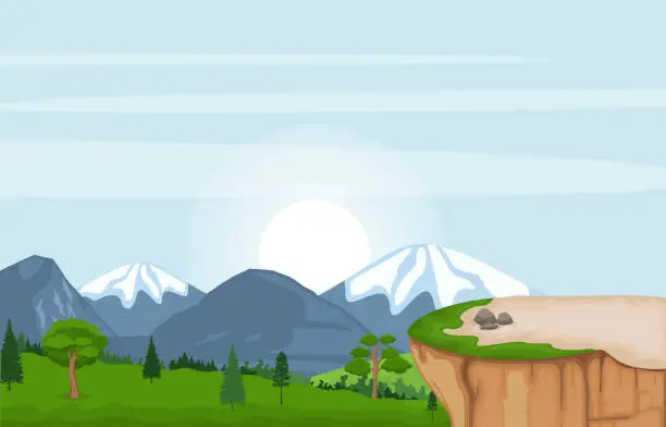 Vector illustration of Mountain Valley Cliff Tree Nature Landscape Vector Illustration