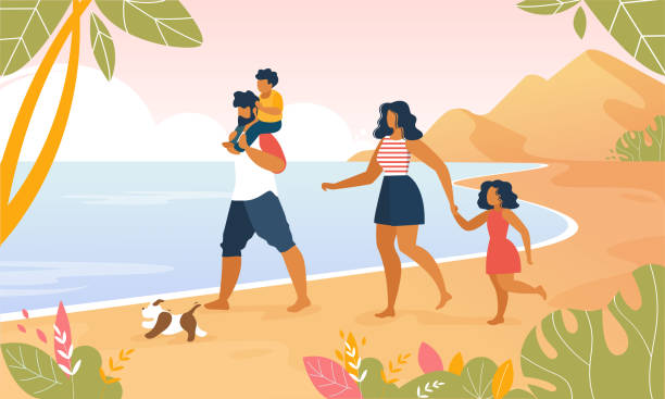 illustrazioni stock, clip art, cartoni animati e icone di tendenza di famiglia felice che cammina all'aperto lungo ocean beach - bambini spiaggia