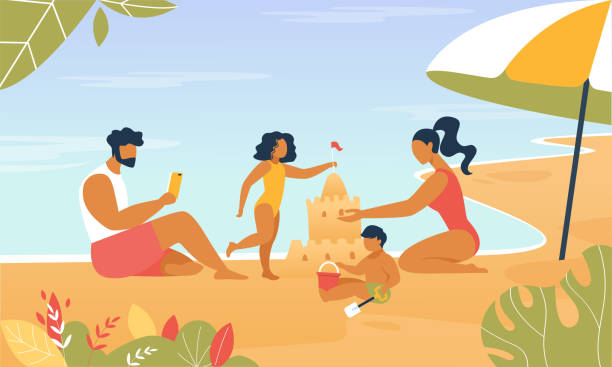 happy family build sand castle playing at seaside. - tropical climate family relaxation men stock illustrations
