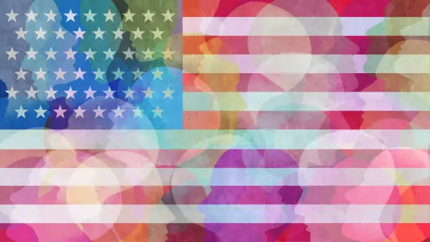 United States race diversity or ethnicity and people concept on an american flag background in a 3D illustration style.