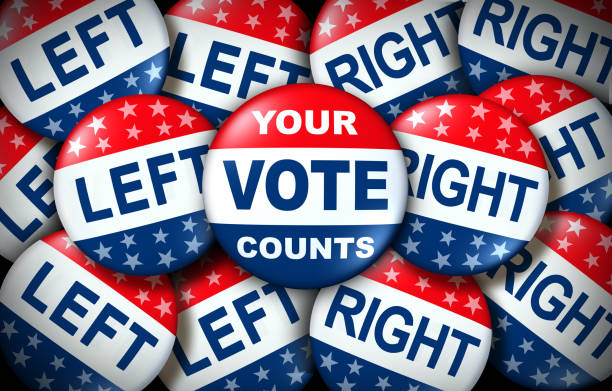 Your vote counts election badge as a United States democratic right for voting concept between the right and the left as a presidential vote or congress as a 3D illustration.