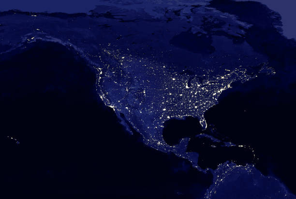 mapa de luces eléctricas del continente norteamericano por la noche - continente área geográfica fotografías e imágenes de stock