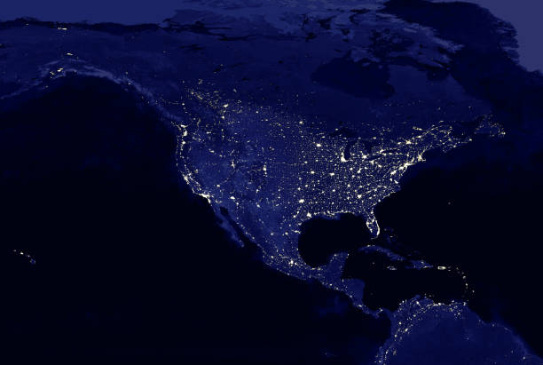 North American continent electric lights map at night North American continent electric lights map at night. Electric  lighing of cities USA, Canada, Mexico at night. Map of North and Central America. View from outer space. Mixed media north stock pictures, royalty-free photos & images