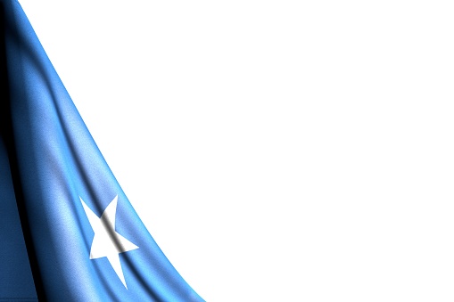 wonderful day of flag 3d illustration\n - isolated picture of Somalia flag hangs in corner - mockup on white with space for your content