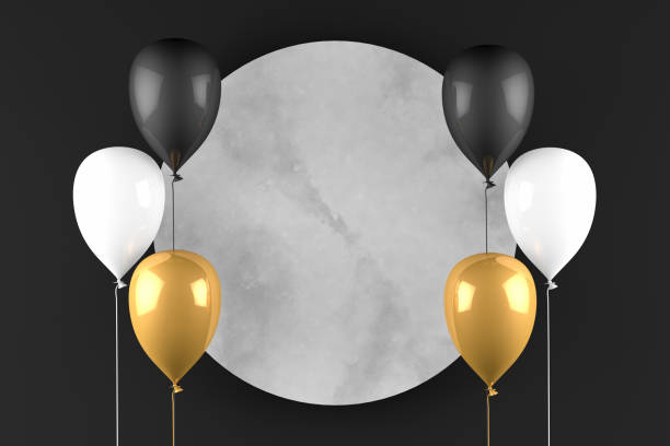 3D Empty Circle Marble Frame with Balloons Black Background, Black Friday Concept