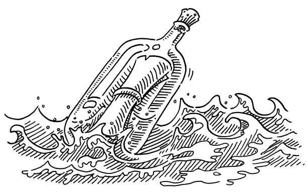 Vector illustration of Message In A Bottle In The Sea Drawing