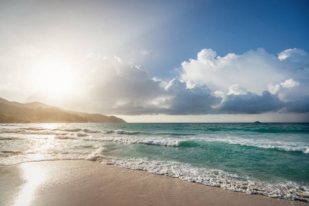 Sunset at the amazing, beautiful natural Anse Lazio Dream Beach, view over the indian ocean seascape. Anse Lazio Beach, Praslin Island, Seychelles Islands, Africa