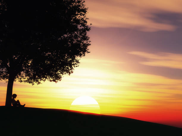 istock 3D child sat under a tree against a sunset landscape 1162089598
