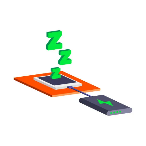 Vector illustration of Smartphone is charging with power bank.Isometric and 3D view.