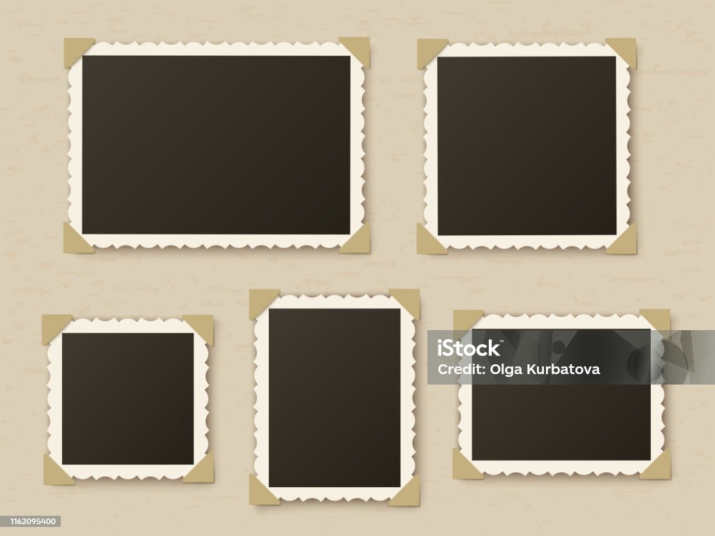 Retro photo frames. Vintage paper picture frame template for nostalgia scrapbook. Retro photos borders in album corners, vector layout Retro photo frames. Vintage paper picture frame template for nostalgia scrapbook. Retro photos borders in album corners, vector layout, stylish concept framing isolated foto set Picture Frame stock vector