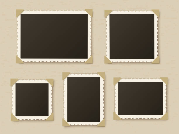 Retro photo frames. Vintage paper picture frame template for nostalgia scrapbook. Retro photos borders in album corners, vector layout Retro photo frames. Vintage paper picture frame template for nostalgia scrapbook. Retro photos borders in album corners, vector layout, stylish concept framing isolated foto set art and craft equipment photos stock illustrations