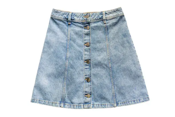 Blue denim mini skirt with buttons on white background