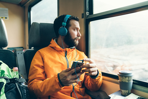 Young man with headphones in the train