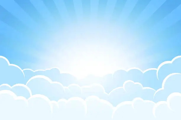 Vector illustration of Sunbeams and sky behind clouds