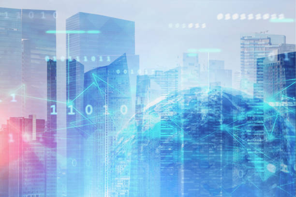 istock Earth hologram and global digital network in city 1162103038