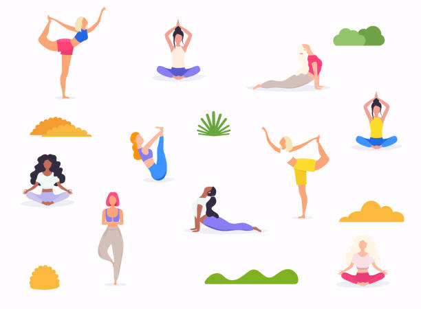 ilustrações, clipart, desenhos animados e ícones de mulher em vários poses da ioga. formas da mulher que faz o exercício da aptidão da ioga. pode ser usado como um padrão. jogo de posições da ioga. - yoga lotus zen like buddhism