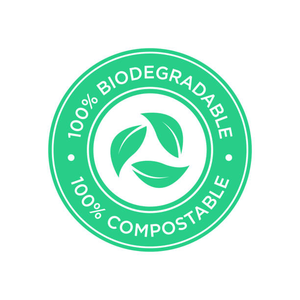 100% Biodegradable and compostable icon. Round and green symbol. ecologist stock illustrations