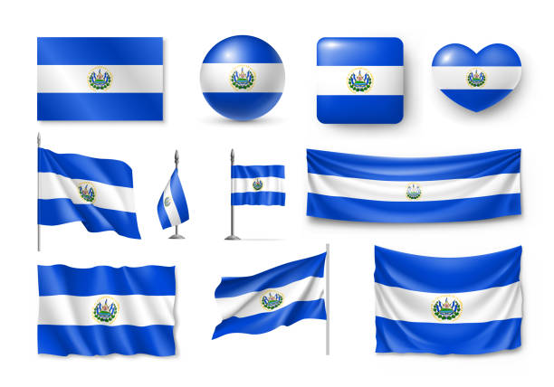 Various flags of El Salvador caribbean country Various flags of El Salvador independent caribbean country. Realistic waving national flag on pole, table flag and different shapes badges. Patriotic symbolics for design isolated vector illustration el salvador landmarks stock illustrations