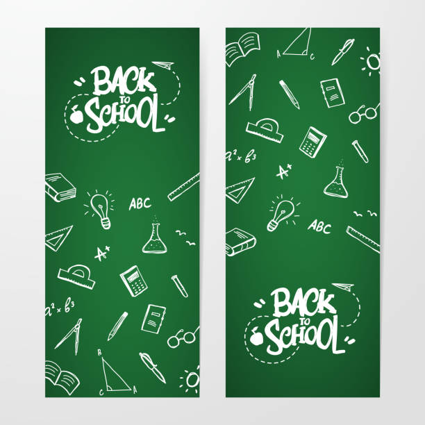 Two poster with lettering of Back to School and doodles supplies on blackboard background Vector illustration: Two poster with lettering of Back to School and doodles supplies on blackboard background cute math drawings stock illustrations