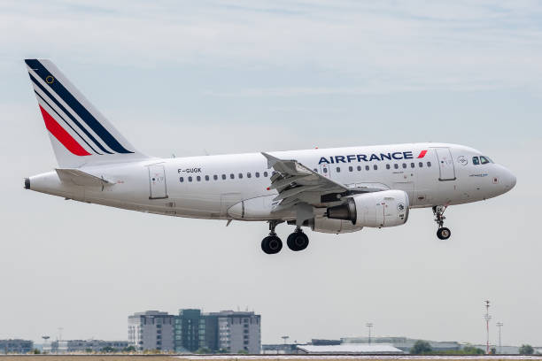 airbus a318-111 operated by air france on landing - wheel airplane landing air vehicle imagens e fotografias de stock