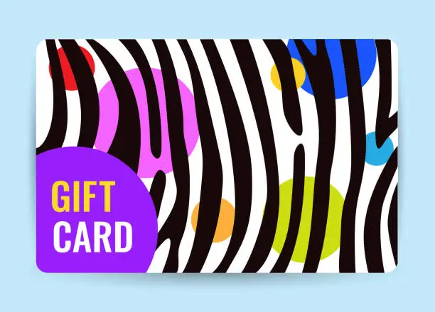 Vector illustration of Bright card with black and white stripes and color circle. Creative Gift card.