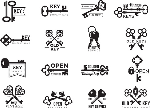 Keys logotype. Real estate badges door and gate access symbols silhouettes of ornate and modern steel keys vector collection. Illustration of key silhouette company name, antique keys logo