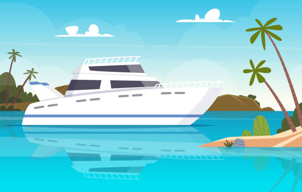 ilustraciones, imágenes clip art, dibujos animados e iconos de stock de barco en el mar. barcos de pesca bajo el agua alatardecer o buque vector de fondo - yacht