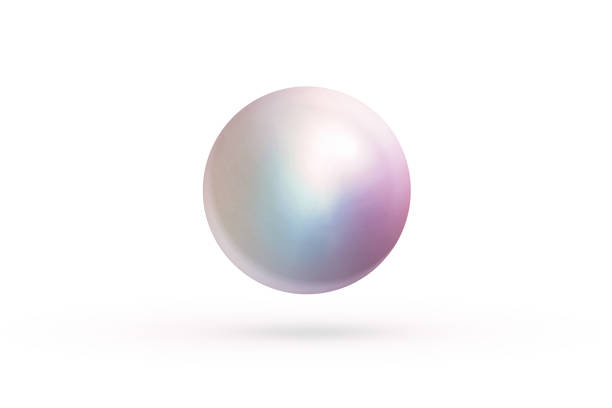 Realistic single shiny natural rainbow sea pearl with light effects isolated on white background. Spherical beautiful orb with transparent glares and highlights. Jewel gems. 3D render.