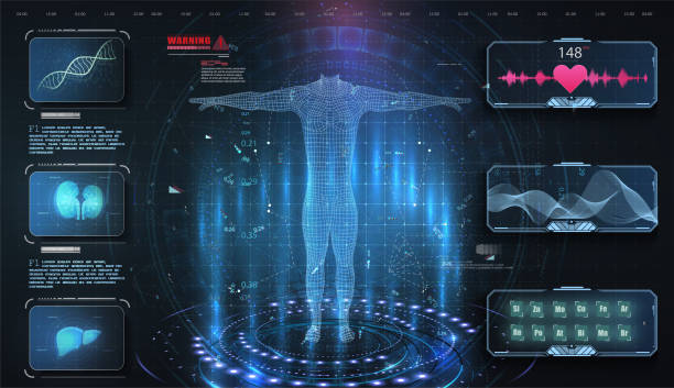 スタイルhud、ui、ux、guiでの健康診断。医療ヘルスケアバーチャルボディハイテク診断パネル。将来の現代医学。バーチャルボディハイテク診断分析クローンdna。 - mri scanner healthcare and medicine medical exam brain点のイラスト素材／クリップアート素材／マンガ素材／アイコン素材
