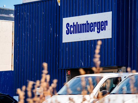 IJmuiden Santpoort Zuid, Netherlands: Schlumberger logotype on the facade of the local headquarter representation near petroleum port