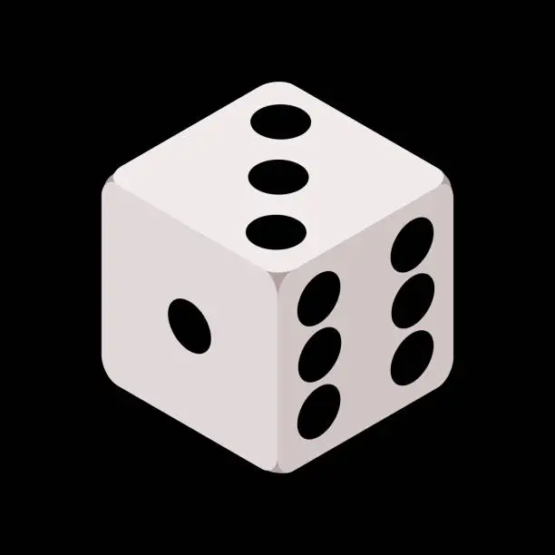 Vector illustration of One isometric craps game dice, matte photo realistic material, 3d render, vector cube illustration isolated on black background EPS