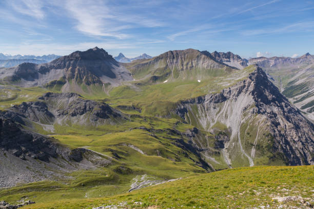 alpine mountain landscape near Arosa with Valbellahorn in summer alpine mountain landscape near Arosa with Valbellahorn and Sandhubel in summer arosa stock pictures, royalty-free photos & images